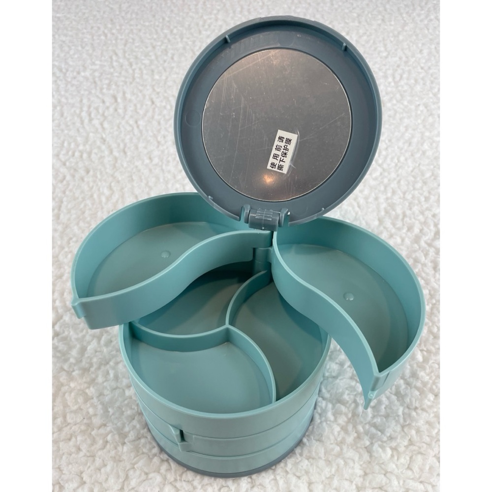 (NIB) Blue/Grey Round Four-Tiered Rotating Stacked Jewelry Organizer with Mirror - Picture 5 of 11